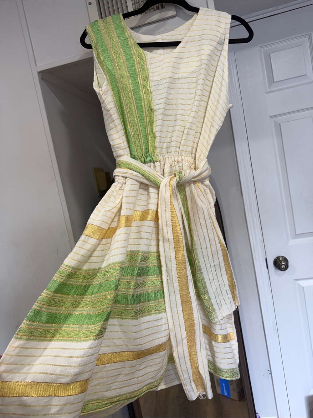 Ethiopian Dress. Cream Dress with Green & Gold Stripes - Picture 2 of 8